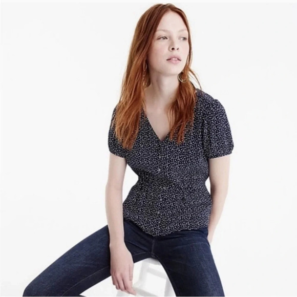 J. Crew Navy Blue White Star Print Peplum Button Front Top Size 00 - Picture 4 of 11